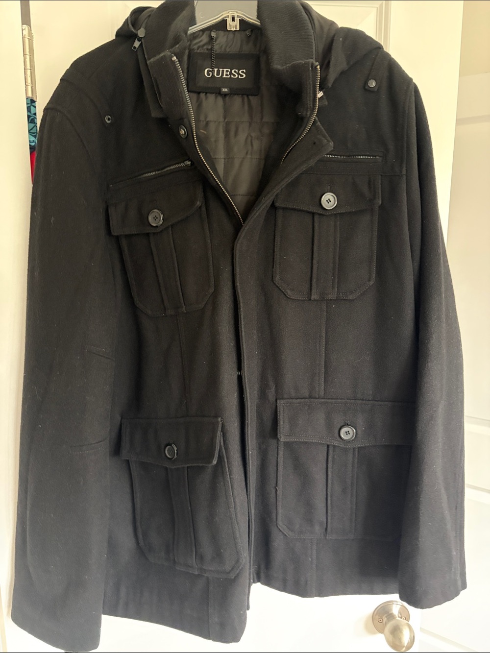 GUESS Men's Black Military-Style Field Jacket with Multiple Pockets